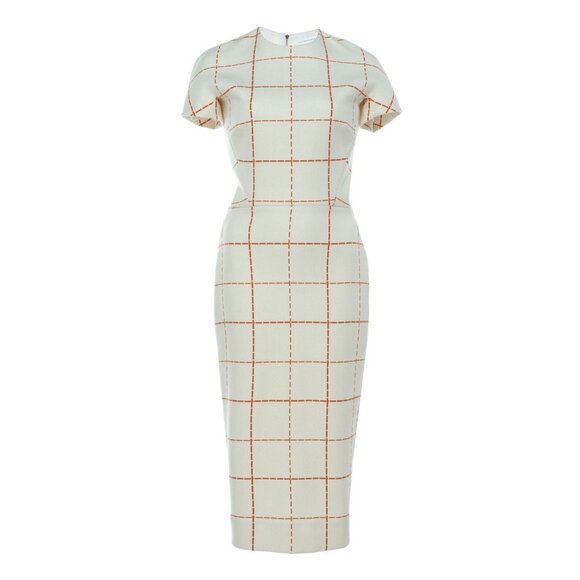 VICTORIA BECKHAM Windowpane Crepe Sheath Dress US 2 UK 6 Wool Short Sleeve Midi - Picture 3 of 9